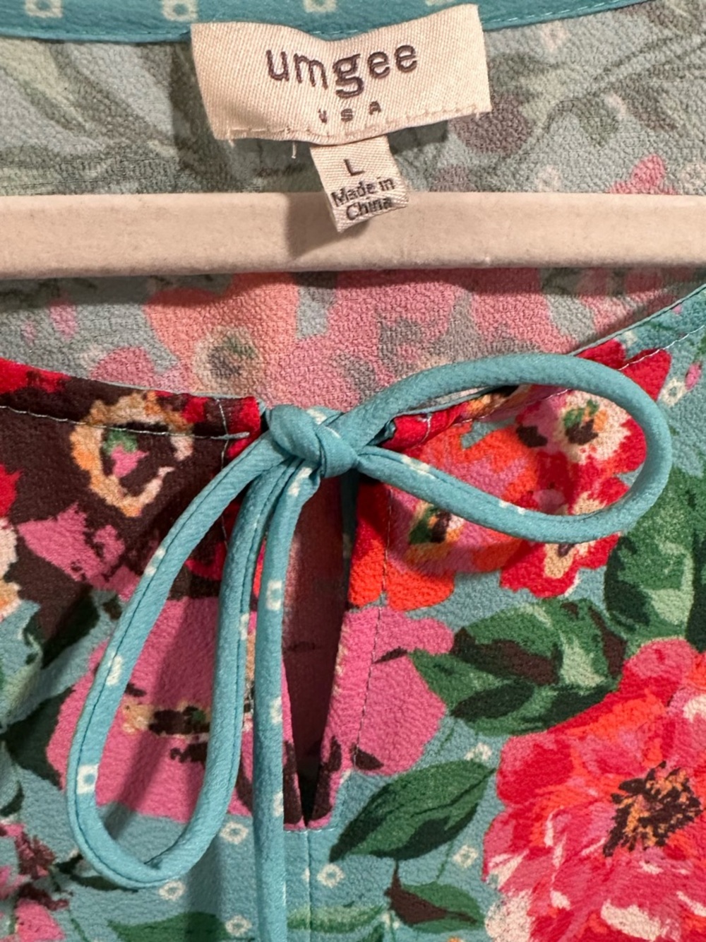 Umgee Boho Mixed Floral Print Babydoll Dress Teal Tassel Long Sleeve Ocean Large - Picture 2 of 16